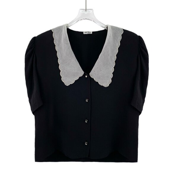 Miu Miu Black silk puff short-sleeve button-up shirt - Picture 1 of 9